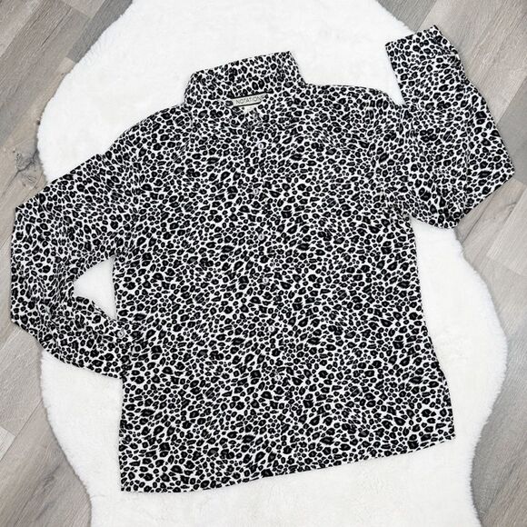 Notations Leopard Print Button Up Blouse White Black Small Long Sleeve Collared - Picture 11 of 11